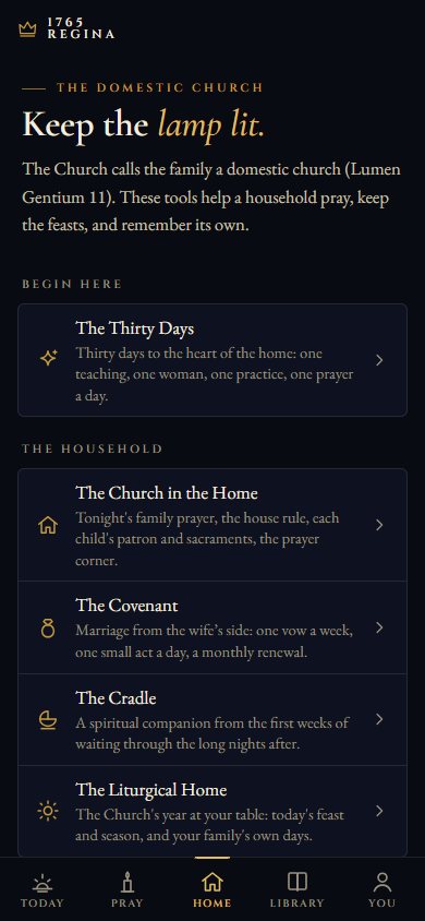 The Home screen: the Thirty Days, the Church in the Home, the Covenant, the Cradle, the Liturgical Home, the Rule and the Prayer Journal.