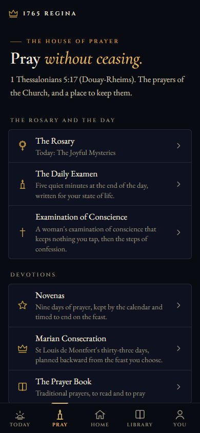 The Pray screen: the Rosary, the Daily Examen, the Examination of Conscience, novenas, Marian consecration and the Prayer Book.