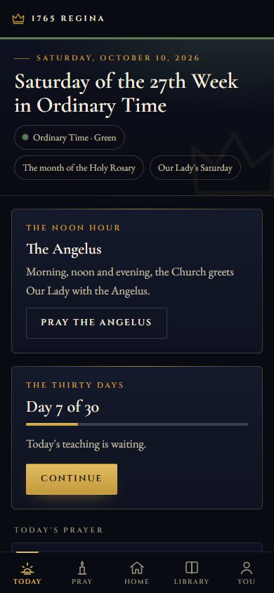 The Today screen: the day's feast and season, the Thirty Days, today's Rosary mysteries and the prayers of the day.