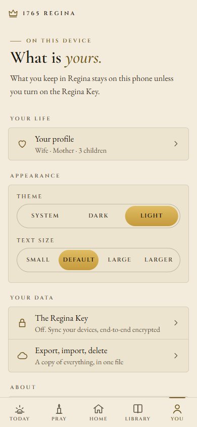 The You screen in the light theme: profile, theme and text size, the Regina Key, and your data.